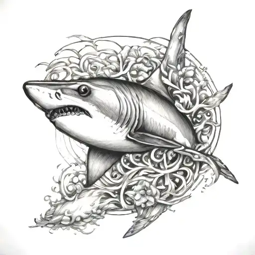 3d shark, marine world, manta ray, realistic, feminine, poetic tattoo design idea