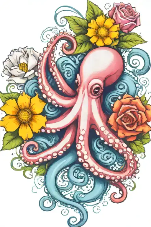 octopus, white snowdrop, rose,  marigold flower tattoo design idea