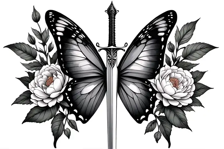 a gothic-style butterfly with a thin sword replacing the butterfly's body and a peony on each side of the butterfly tattoo design idea