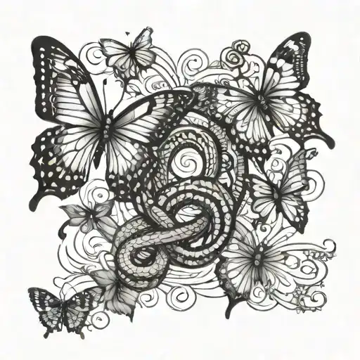 small snake facing down and three butterflies surrounding tattoo design idea