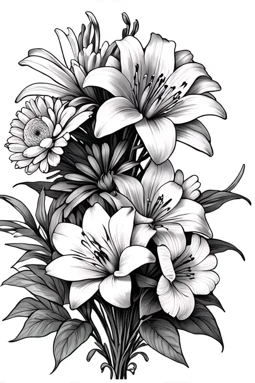 1 Chrysanthemum, 3 lilies, 1 violet, 1 narcissus, 3 bulbs of lilies, 3 star flowers, 3 carnations of India tattoo design idea