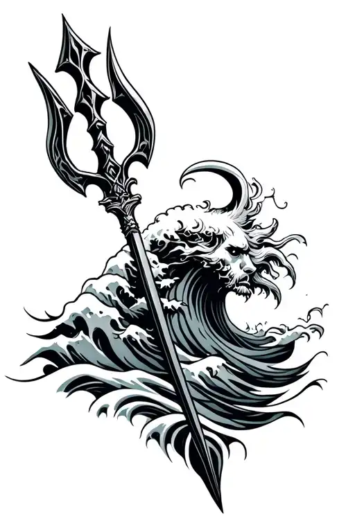 poseidon trident ocean waves tattoo design idea