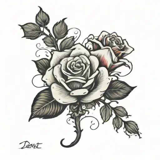 a rose with the name deniz and thr date 1977-2056 connecting the stem  tattoo design idea