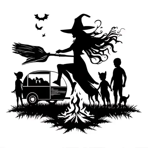 silhouette of sexy witch flying on broomstick over a campsite with a trailer and campfire with 3 boy children & 2 dogs  tattoo design idea
