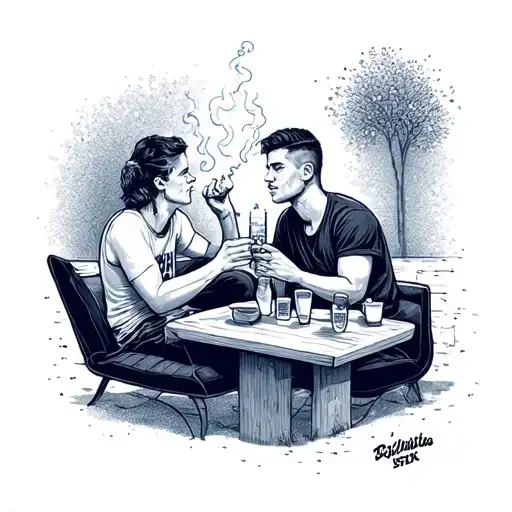 Design a hangout scene with friends enjoying a smoke session, with subtle CR7 references in the background tattoo design idea