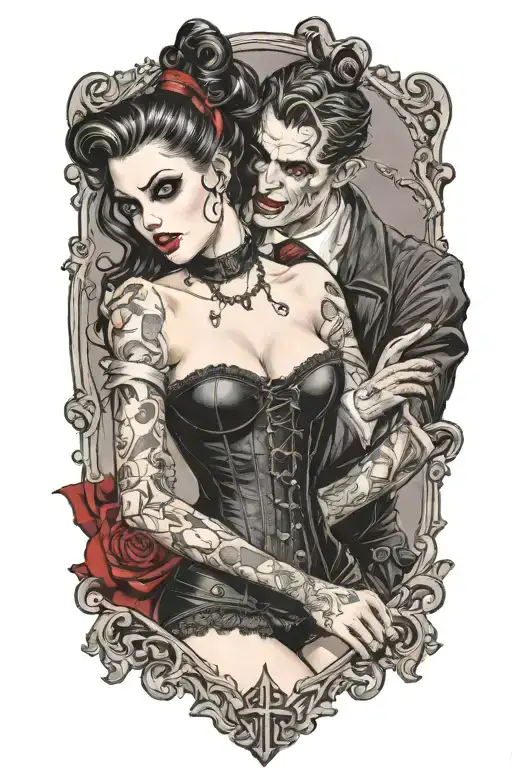 realistic scene of a gothic pinup girl waering corset and fishnets being bitten by a scary male vampire tattoo design idea