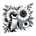 emperor penguin and sunflowers wrapped tattoo design idea