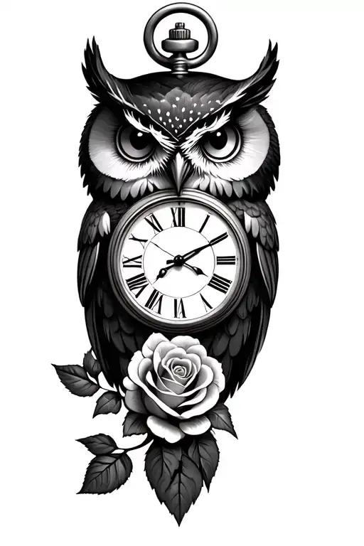 dark owl, vintage pocket watch, roses tattoo design idea