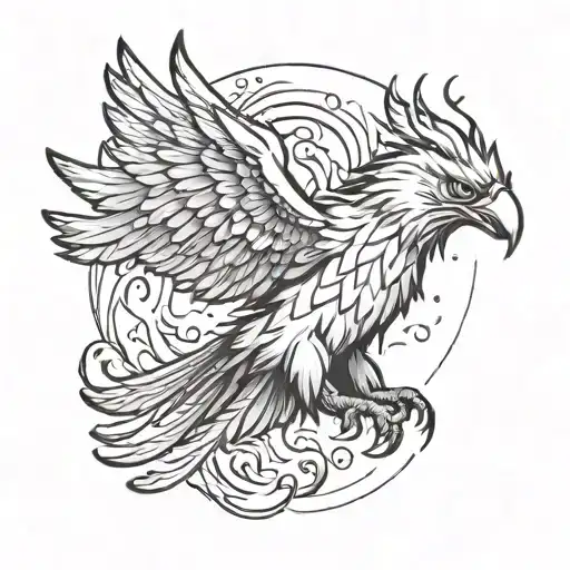 An eagle-phoenix hybrid with its wings outstretched. Infused with flame-like texture. Realistic and mystical, powerful tattoo design idea