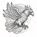 An eagle-phoenix hybrid with its wings outstretched. Infused with flame-like texture. Realistic and mystical, powerful tattoo design idea