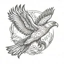 An eagle-phoenix hybrid with its wings outstretched. Infused with flame-like texture. Realistic and mystical, powerful tattoo design idea