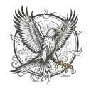 An eagle-phoenix hybrid with its wings outstretched. Infused with flame-like texture. Realistic and mystical, powerful tattoo design idea