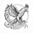 An eagle-phoenix hybrid with its wings outstretched. Infused with flame-like texture. Realistic and mystical, powerful tattoo design idea