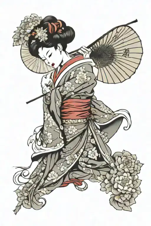 geisha using oriental straw hat holding a fan with chrysanthemum floral filler tattoo design idea