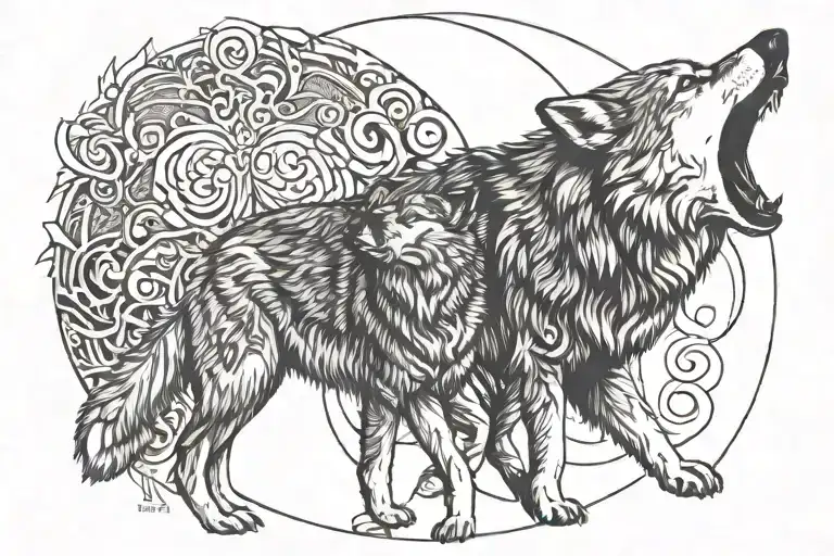 A grey wolf howling with her cub in front of the full moon tattoo design idea