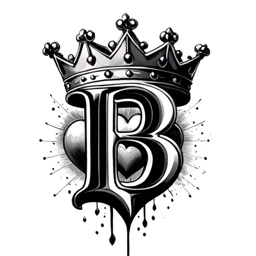 alphabet B king crown with heart tattoo design idea