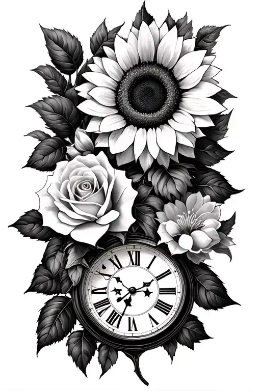 roses intertwined with sunflowers and cherry blossoms with a roman numeral clock face that is broken or shattered  tattoo design idea