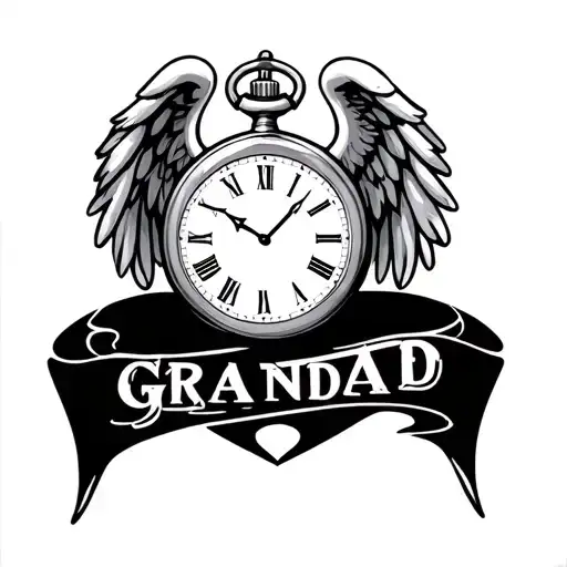 pocket watch with angel wings with the word grandad  tattoo design idea