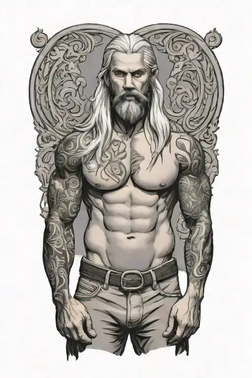 full body super muscled man standing with long silver hair and beard tattoo design idea
