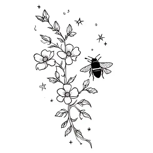 flower vine, stars, bumble bee, flowers tattoo design idea