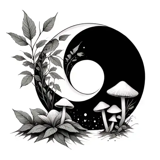 Yin and yang with nature and little mushrooms tattoo design idea