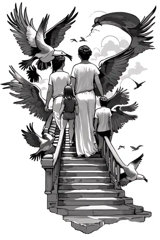 stairway to heaven and in the middle of the stairs put 3 people walking up the stairs a child and mom and dad with birds tattoo design idea