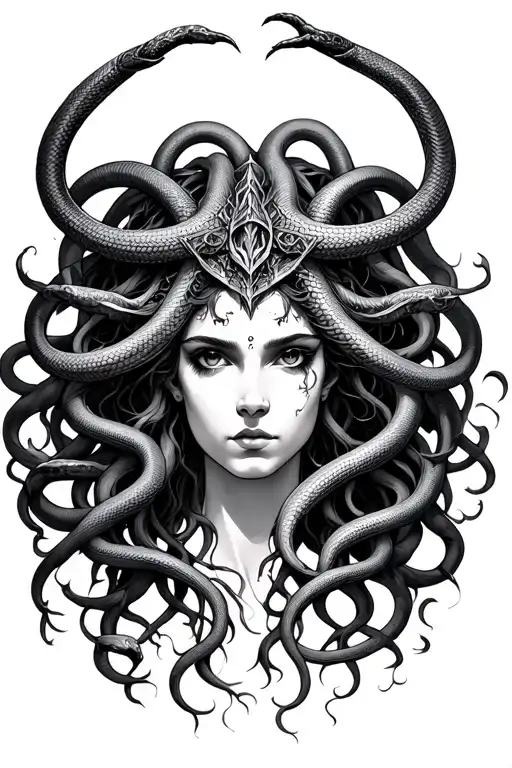 Medusa Gorgona looking straight at you, Powerful, Like a valkyrie, with hair as venomous snakes tattoo design idea