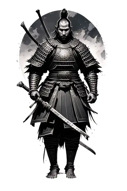 Samurai with a Dramatic BackgroundA stoic samurai in full armor (inspired by Chinese warrior tradition, such as Tang dy tattoo design idea