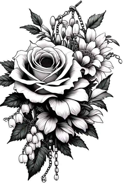 rose, daisy, sunflower, lily of the valley, stargazer lily, hibiscus, cherry blossom, full rosary, broke. chain tattoo design idea