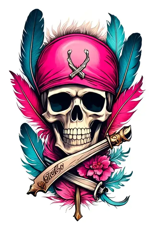 Pink pirate parchment pen feather noir et blanc tattoo design idea