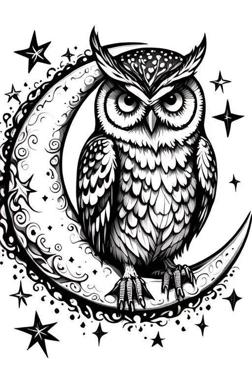 A whimsical owl perched on a crescent moon surrounded by swirling stars tattoo design idea