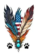 multiple feathers with fall colors with 2 dog paw prints incorporated, american flag, turquoise western jewlery tattoo design idea