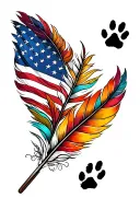 multiple feathers with fall colors with 2 dog paw prints incorporated, american flag, turquoise western jewlery tattoo design idea