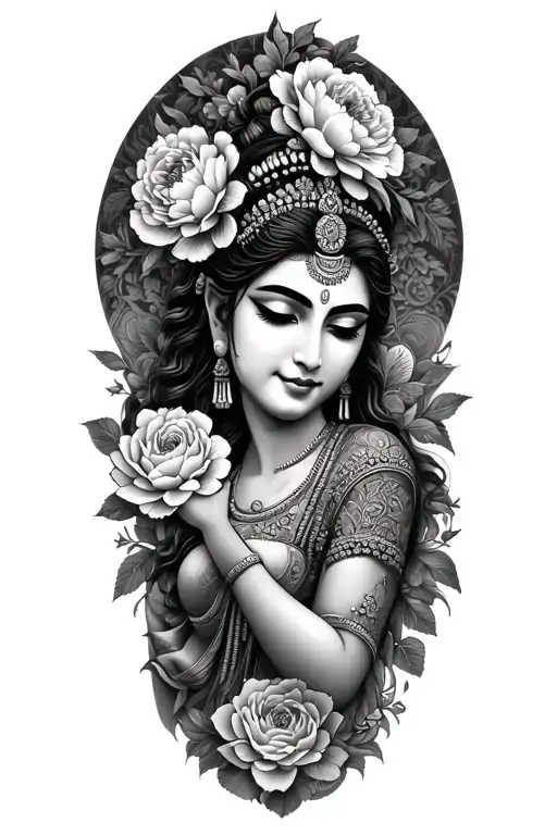 Khmer  apsara with peonies and roses   tattoo design idea