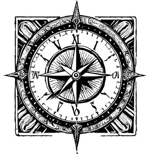 Ghost, compass rose, clock, Mad Max, Valhalla symbol tattoo design idea
