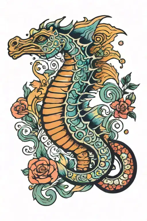 old school style, pregnant sea horse, miyazaki like lines, colourful sketch tattoo design idea