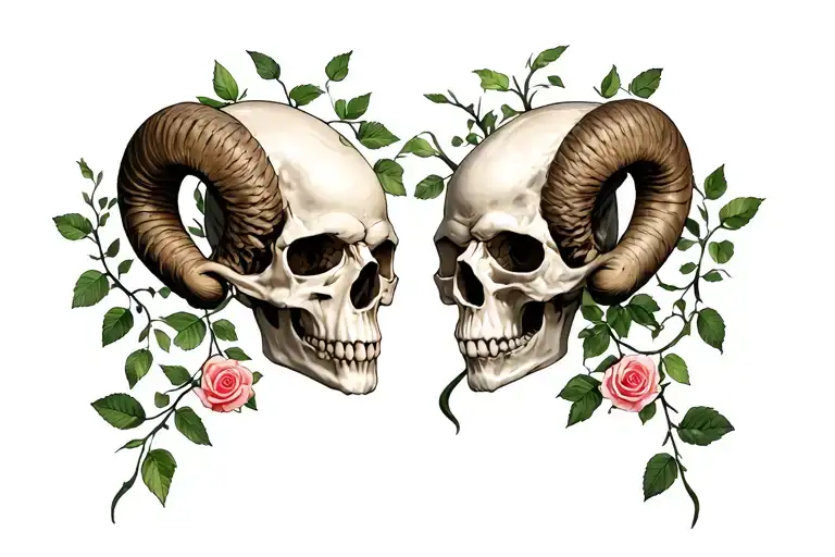 Two skulls facing each other w Aries zodiac sign in between them with rose vine going through eyes tattoo design idea