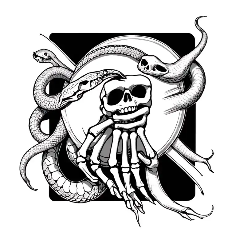 skeleton hand with a snake on wrist tattoo design idea