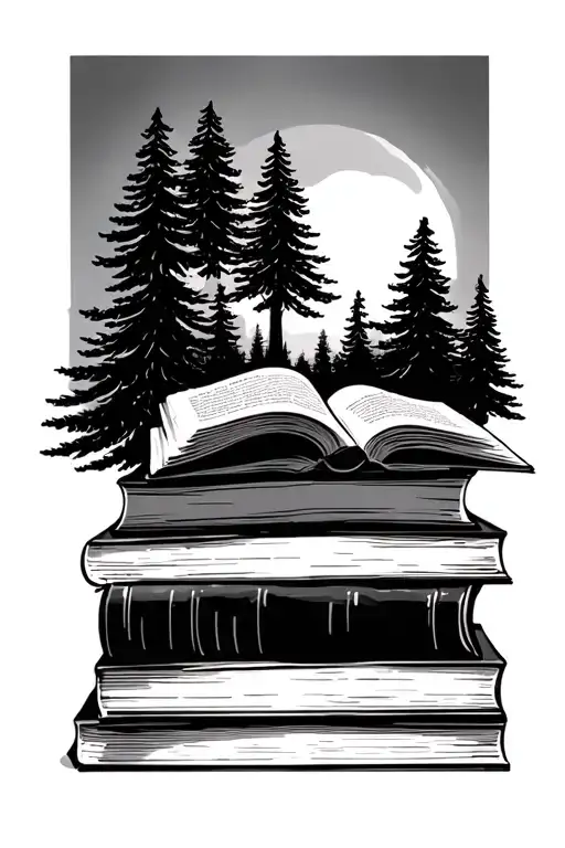 stack of books with one open and pine trees tattoo design idea