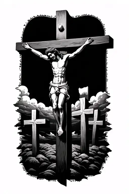 Jesus on the cross with three crosses and a background of clouds and a sun in the Bible verse of Jesus wept tattoo design idea