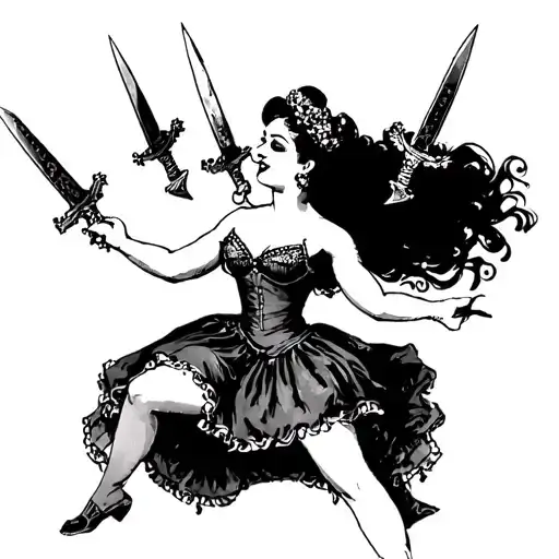Create a black and white Old School traditional tattoo sketch of a burlesque dancer juggling three daggers.   tattoo design idea