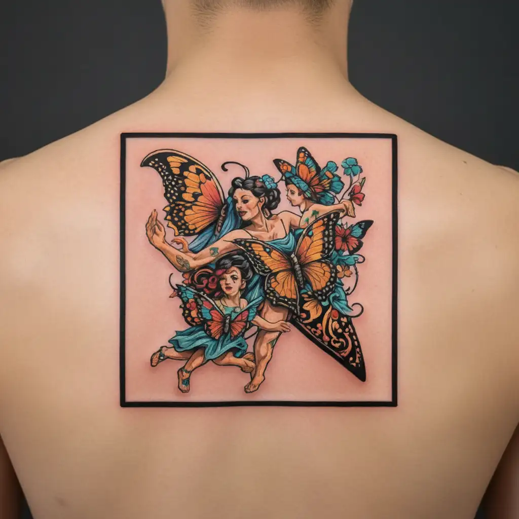 A neotraditional tattoo of a grandmother and her four grandchildren as colorful dancing butterflies, each with unique patterns and symbols tattoo design idea