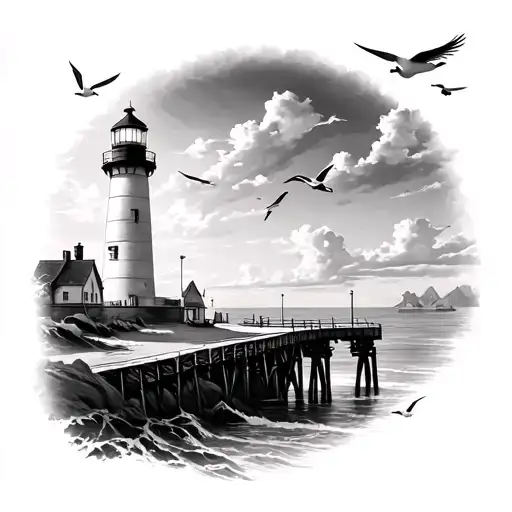 Realistic black and grey tattoo of Berdyansk coastline, lighthouse and pier, with seagulls... tattoo design idea