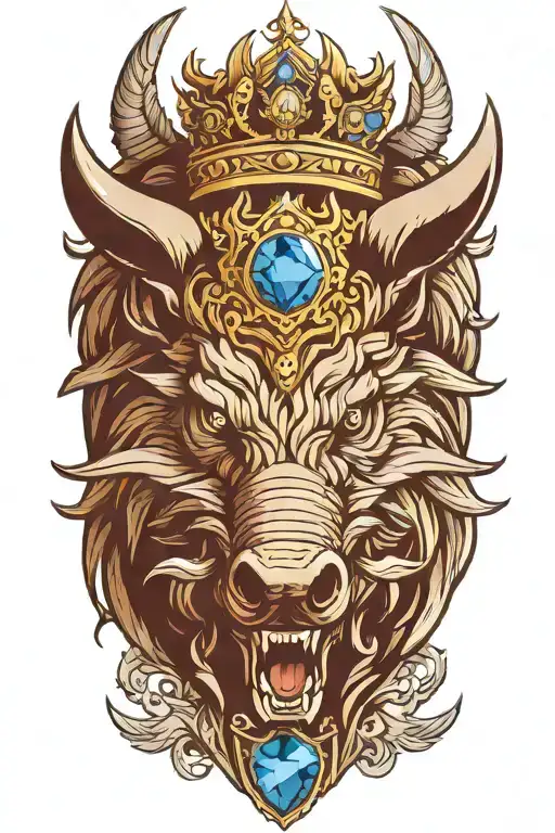 angry boar with sword and wings wearing a crown with blue eyes tattoo design idea