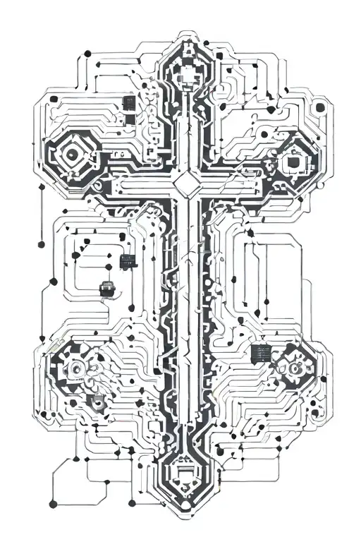 A electronic christian cross made out of computer processor and device pieces woth a lot of wires tatto design tattoo design idea