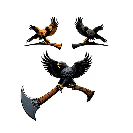 three birds sitting on horizontal viking axe. Birds are golden eagle, bald eagle, raven. Nordic tattoo design idea