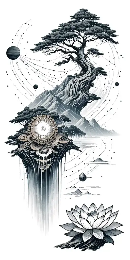 collage of space constellation, Buddhist mountain, trees, waterfall, lotus, wood mechanical gears tattoo design idea