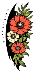 a couple small sailor Jerry flowers surrounded by big black negative spaces embellished with micro twinkles and crosses  tattoo design idea