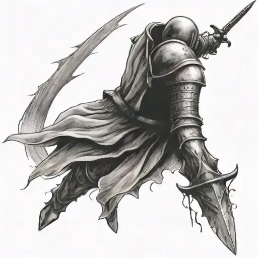 small arm tattoo of a knight falling back onto an upright sword which impales him through the abdomen.  tattoo design idea