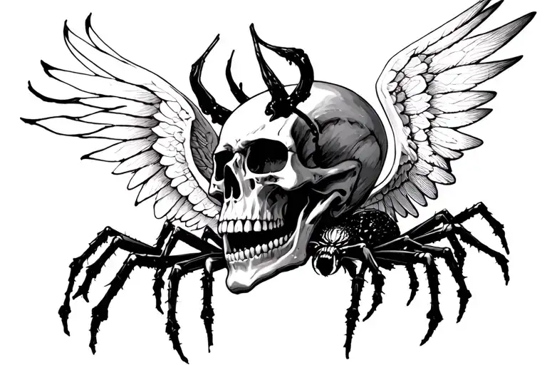 evil skull with wings and spiders tattoo design idea